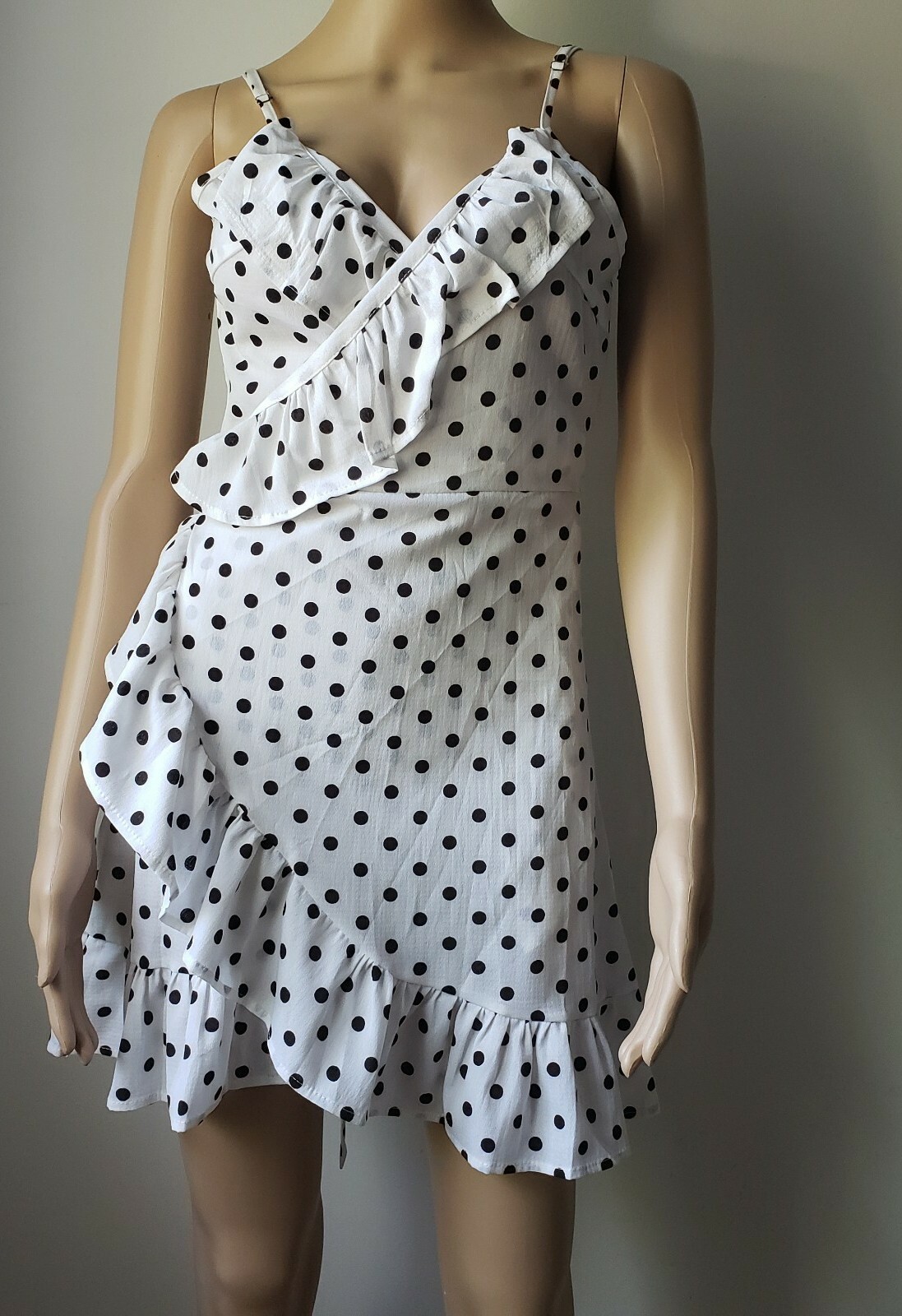  White Black Polka Dot Ruffle Party Sundress Wrap Dress Fit and Flare M