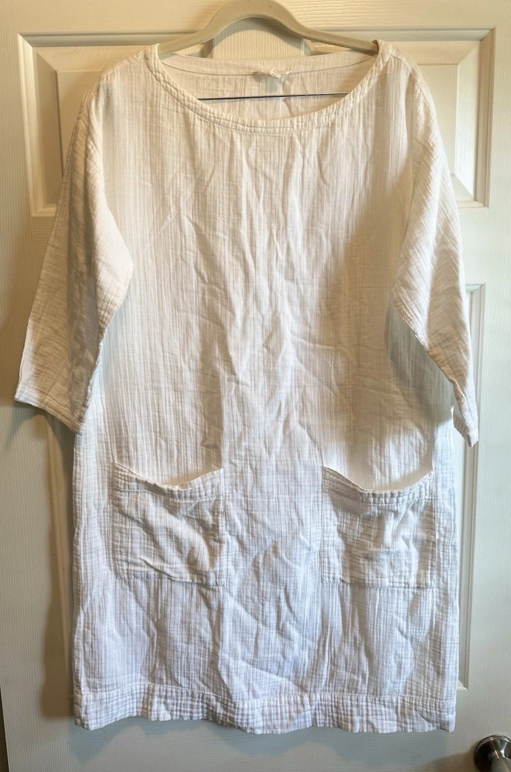 Eileen Fisher White Cotton Gauze Tunic Dress Resortwear Lagenlook Minimalist PS