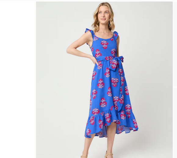Women’s Blue Floral Midi Dress Ruffle Strap Tie Waist Hi-Low Hem Sleeveless – 8