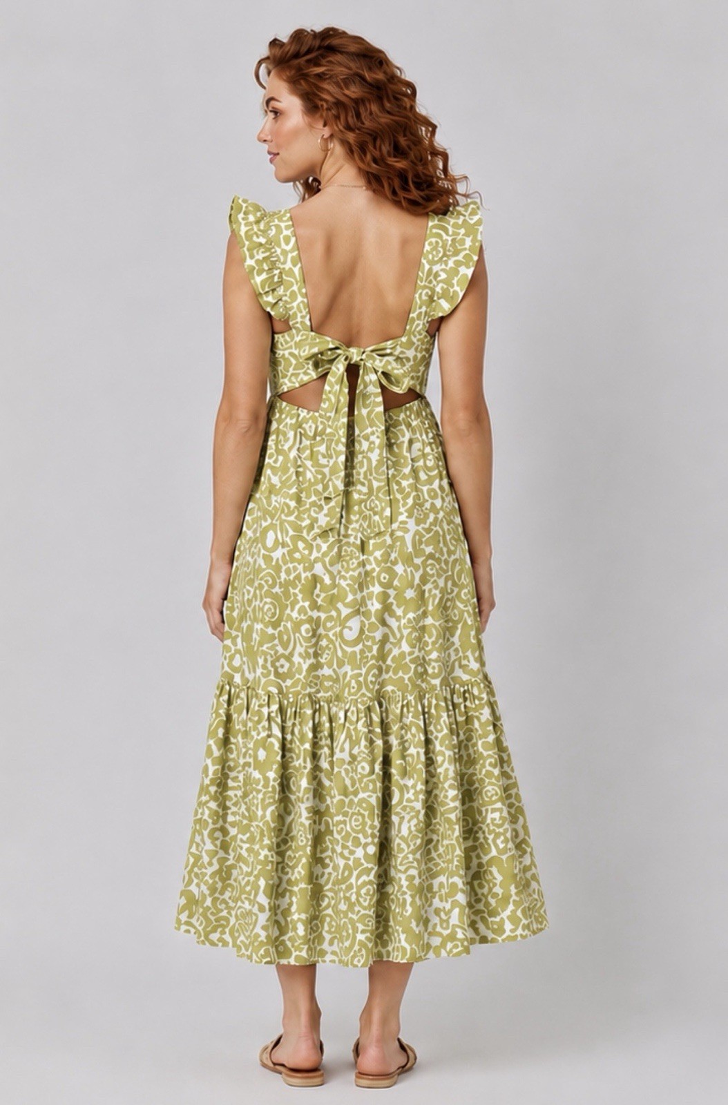 Chartreuse Boho Floral Cotton Midi Dress S Open Bow Back Ruffled Cottagecore NWT
