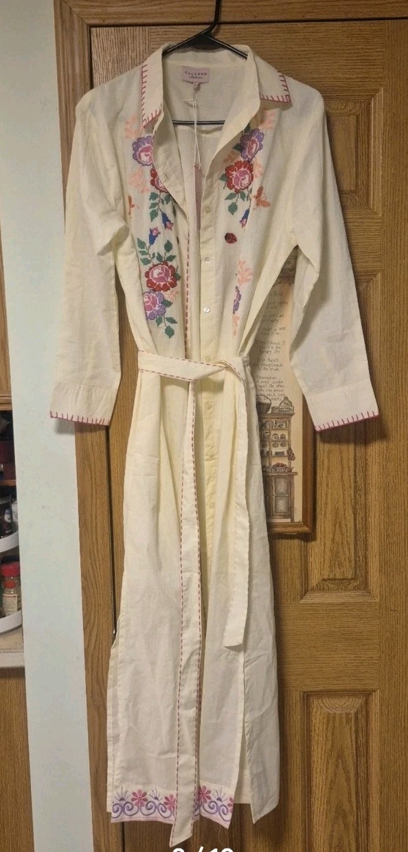 CALYPSO ST BARTH EMBROIDERED NEEDLEPOINT MAXI SHIRT DRESS SIZE L NWT