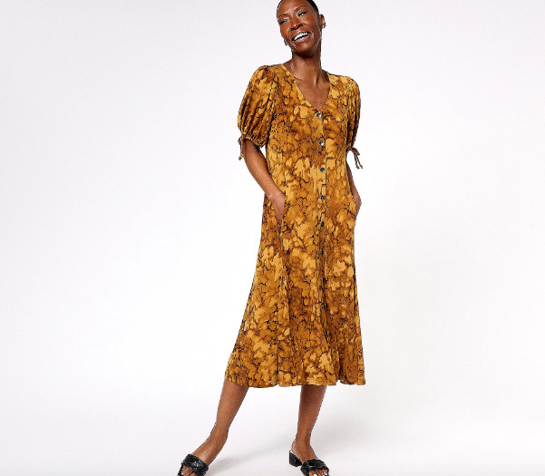 Susan Graver Regular Liquid Knit Elbow Sleeve Midi Dress , Caramel Sz XL a607358