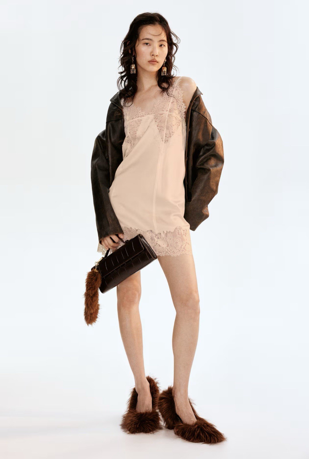 H&M Lace Trimmed Satin Slip Mini Dress Light Beige Size M