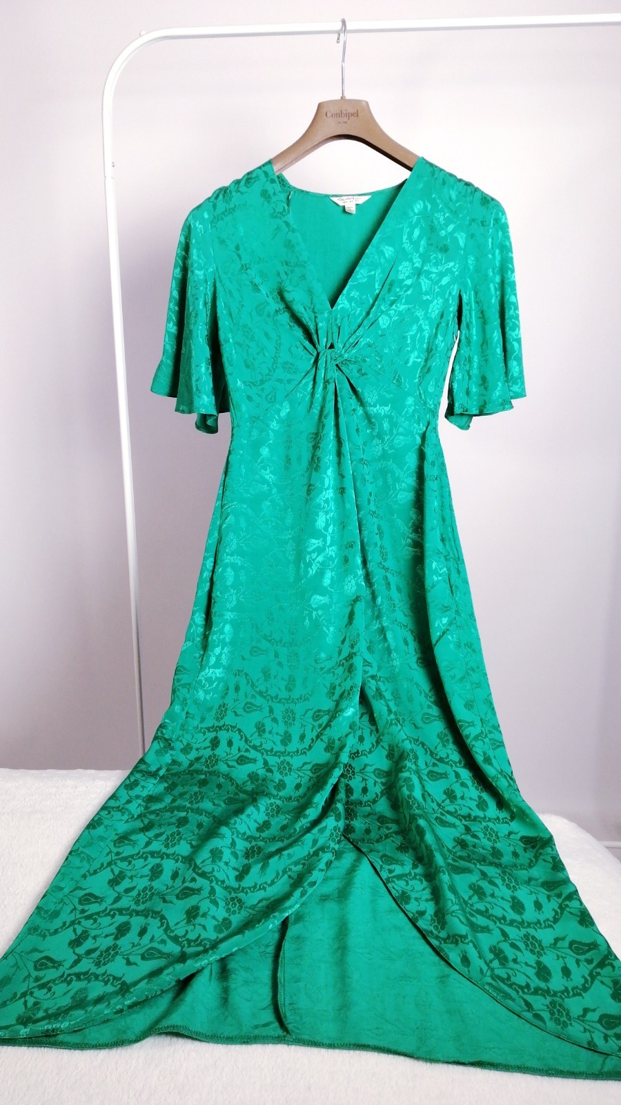 MISS SELFRIDGE Green Satin Jacquard Midi Dress Wrap Front Sz EU 36 UK 8 US 4