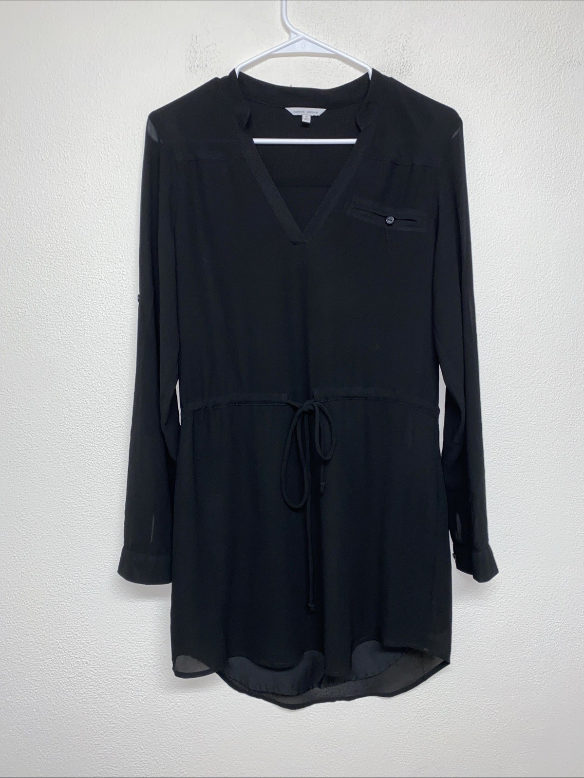 Naked Zebra Womena Shirt Dress Size S Sheer Long Sleeve Black Drawstring Waist