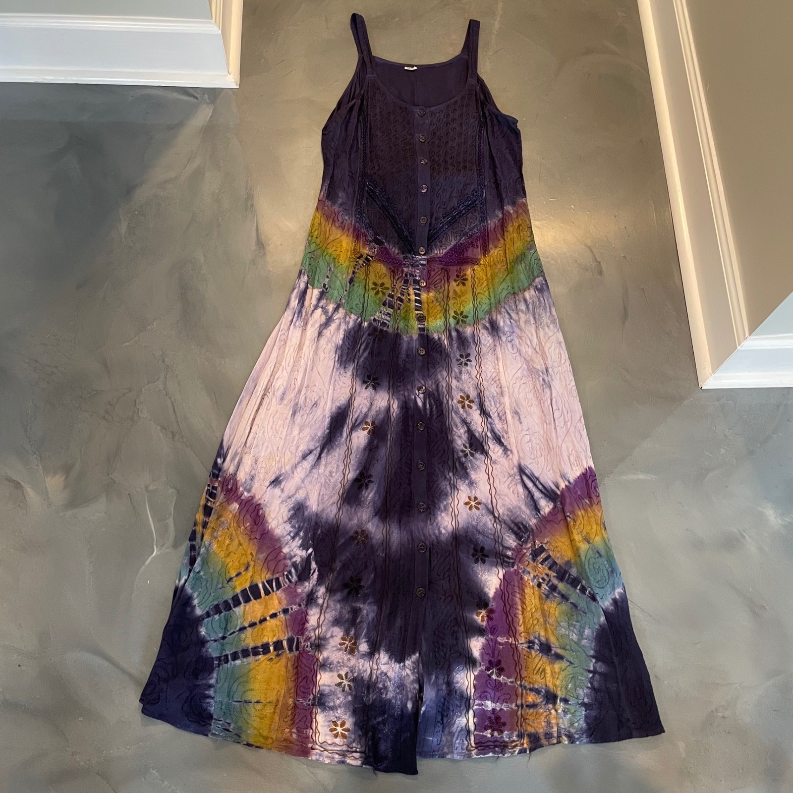 Boho Tie Dye Embroidered Rayon Maxi Dress Navy Rainbow Free Size India Festival