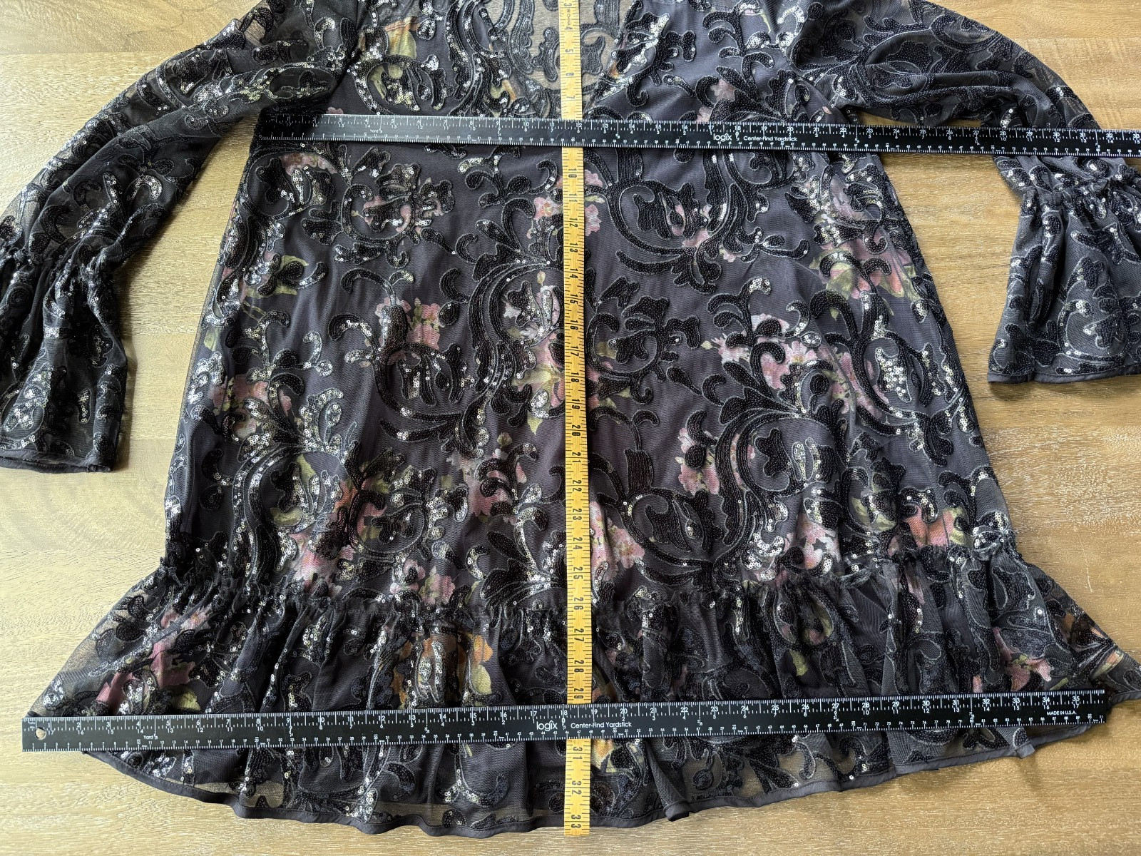 Free People Falling Flowers Embroidered Tulle Sequin Mini Dress Black Boho Large