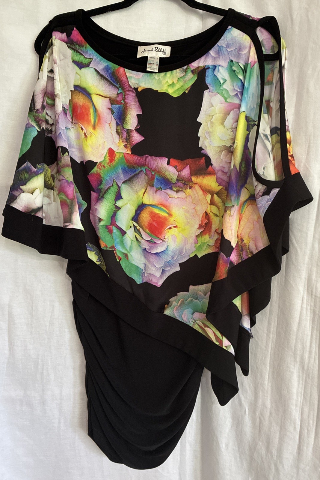 Joseph Ribkoff Black Colorful Floral Off Shoulder Dress Built In Poncho Cover 12