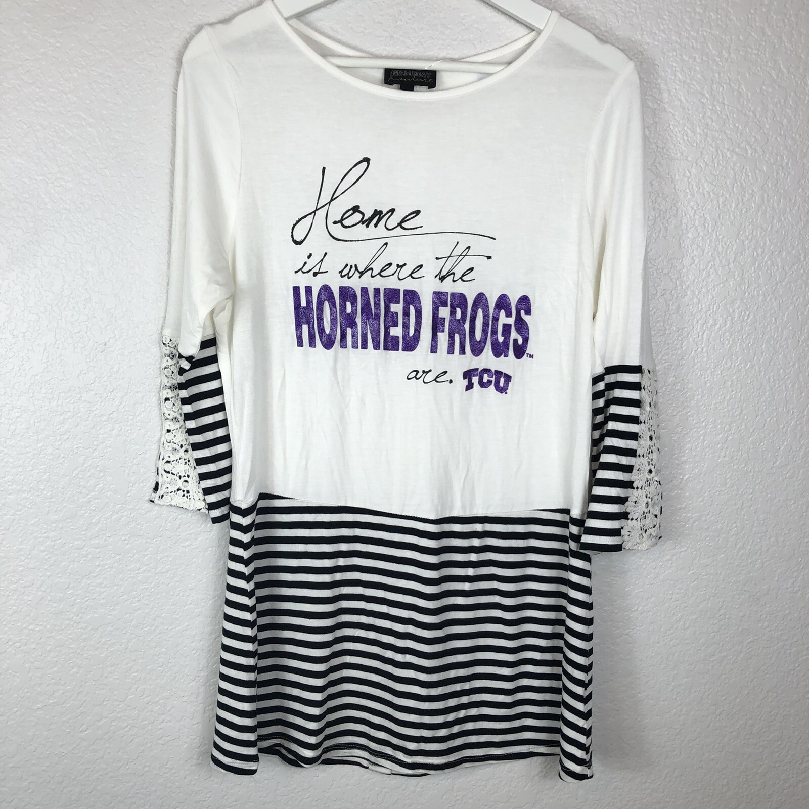 NWT’s TCU Horned Frogs Sz XS Game Day Striped Tunic/Short Dress Lace Buttons
