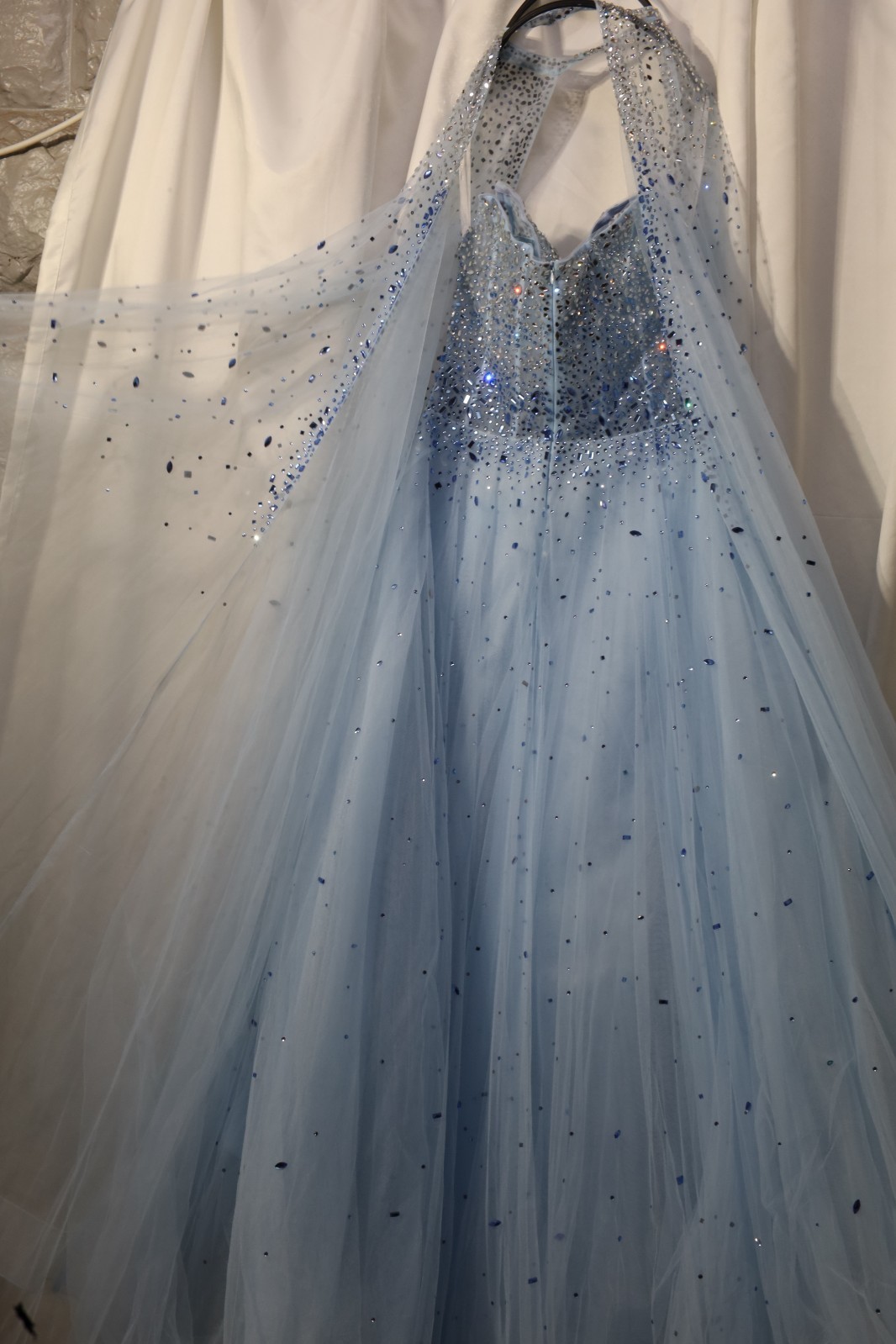 Elegant Evening Dress Light Blue Tulle Crystal Embellished Rhinestones