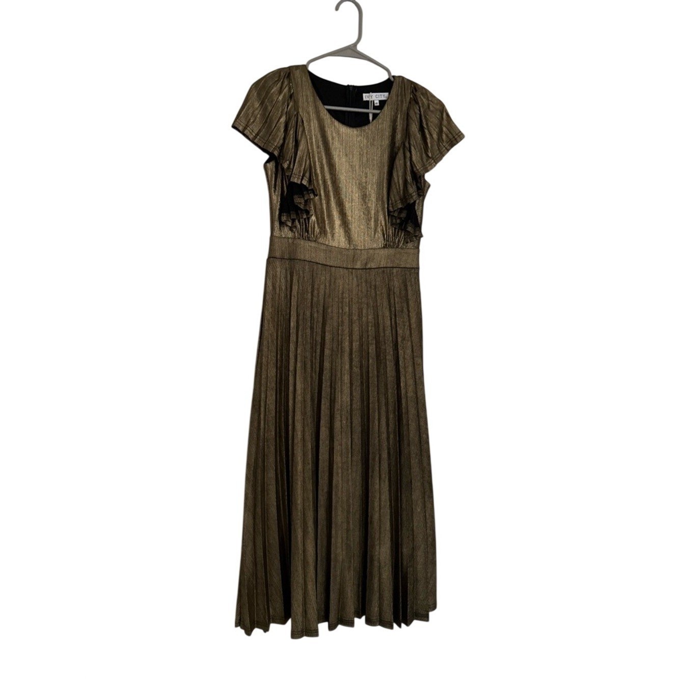 Ivy City Co Dance The Night Away Midi Dress Gold Metallic Pleated Women XS NWT