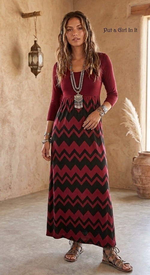 New Boho USA Women’s Burgundy Black Zig Zag Chevron 3/4 Sleeve Maxi Dress S M L