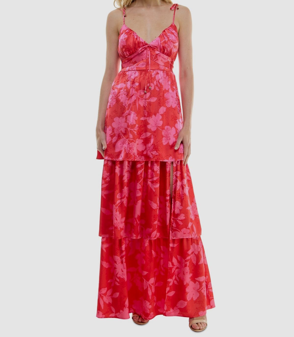Crystal Doll Women’s Red Floral Tie-Strap Tiered Maxi Satin Dress Size XS