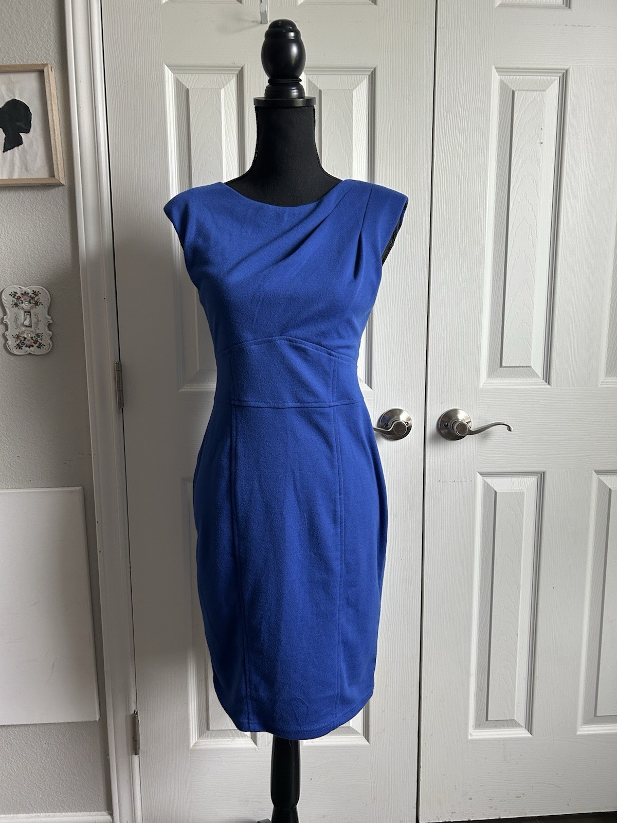 Bordeaux Blue Asymmetrical Sheath Dress Sleeveless Stretch Knee Length M