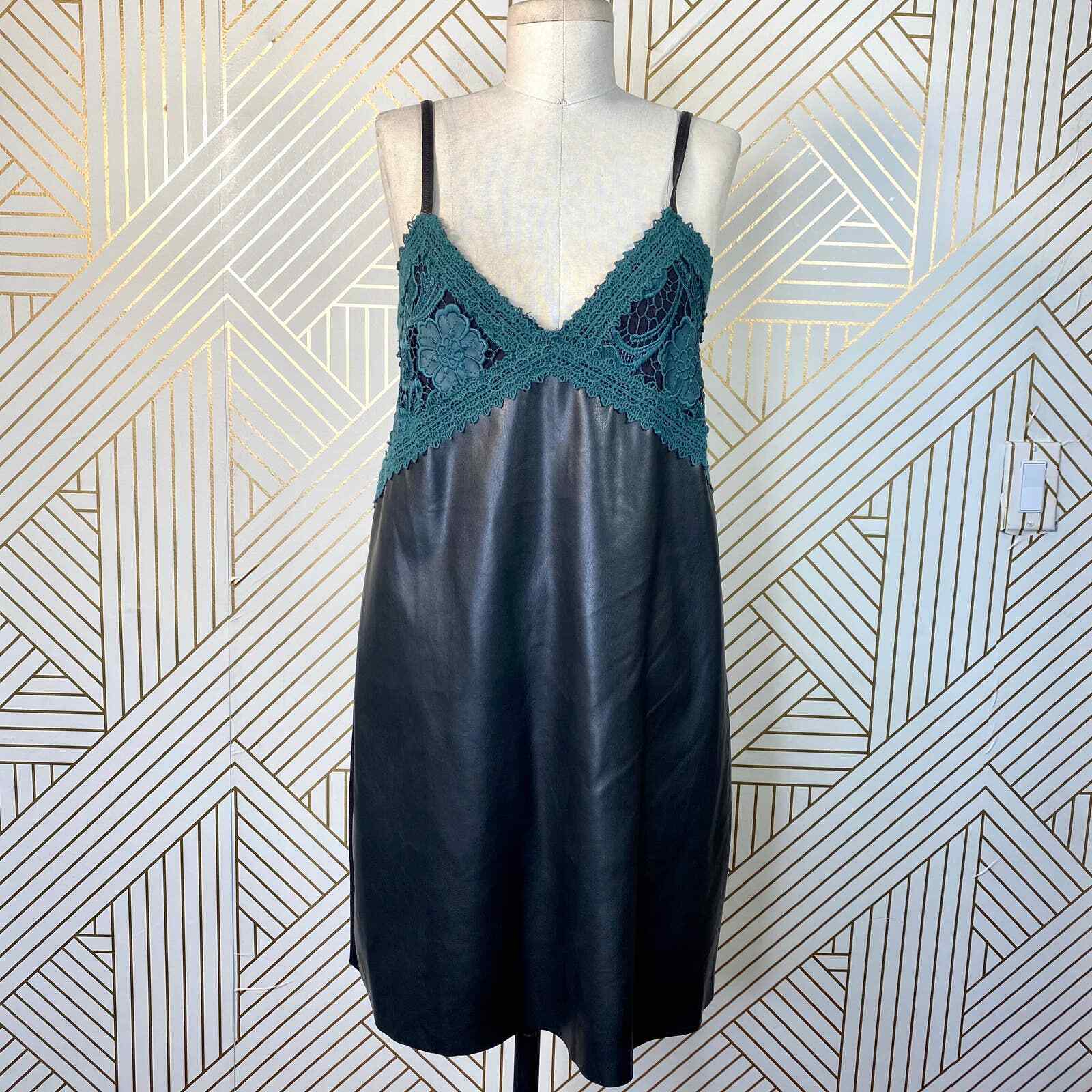 Zara Dress Faux Leather Crochet Embroidered Slip Mini Black Green Size S