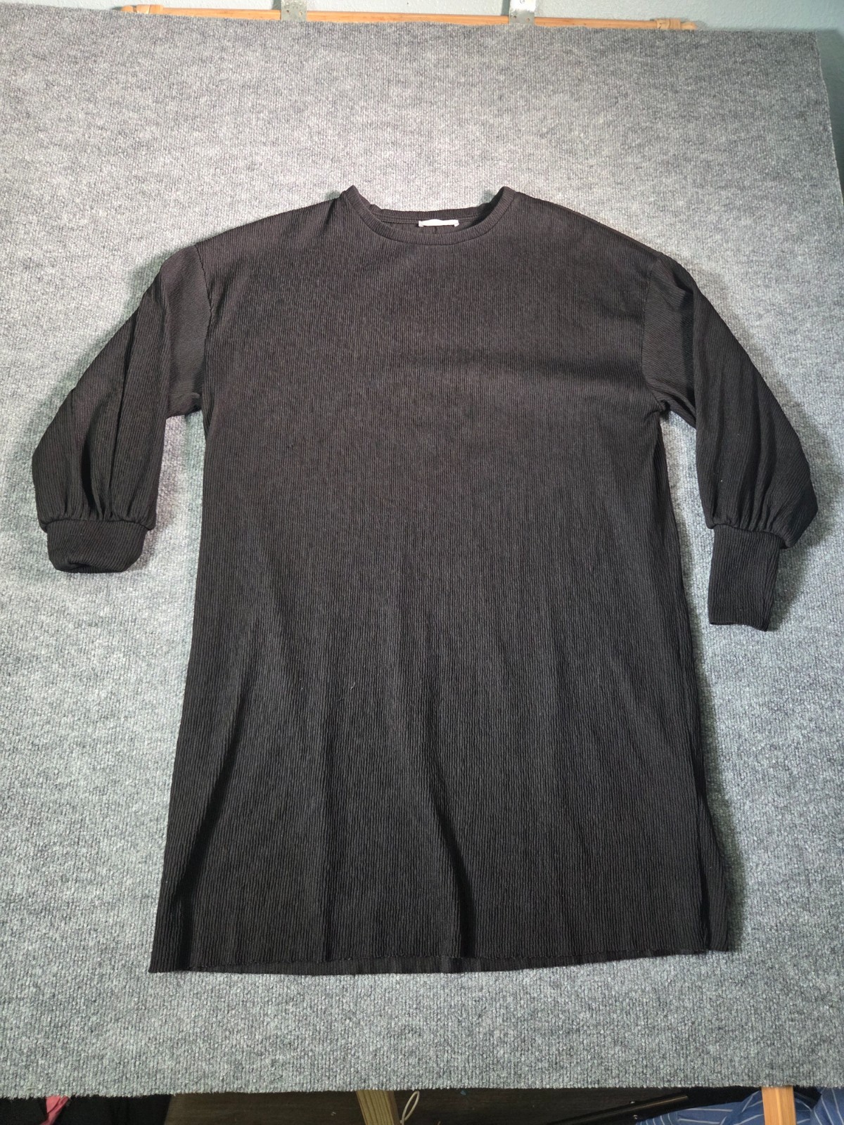 Zara Womens Sz L Knit Balloon Sleeve Dress Black Plisse Ribbed Texture Mini New