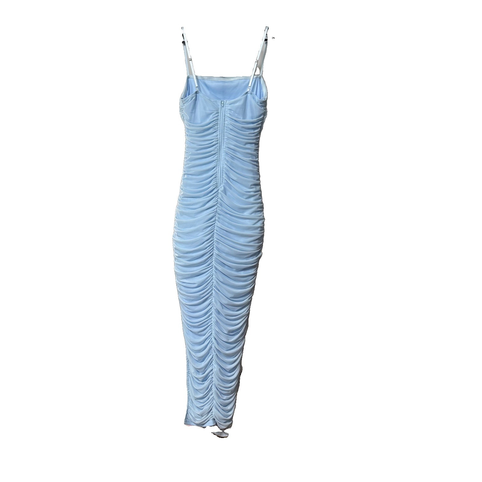 Privy NWT Blue Ruched Mesh Maxi Dress M Bodycon Side Slit Formal Prom Party