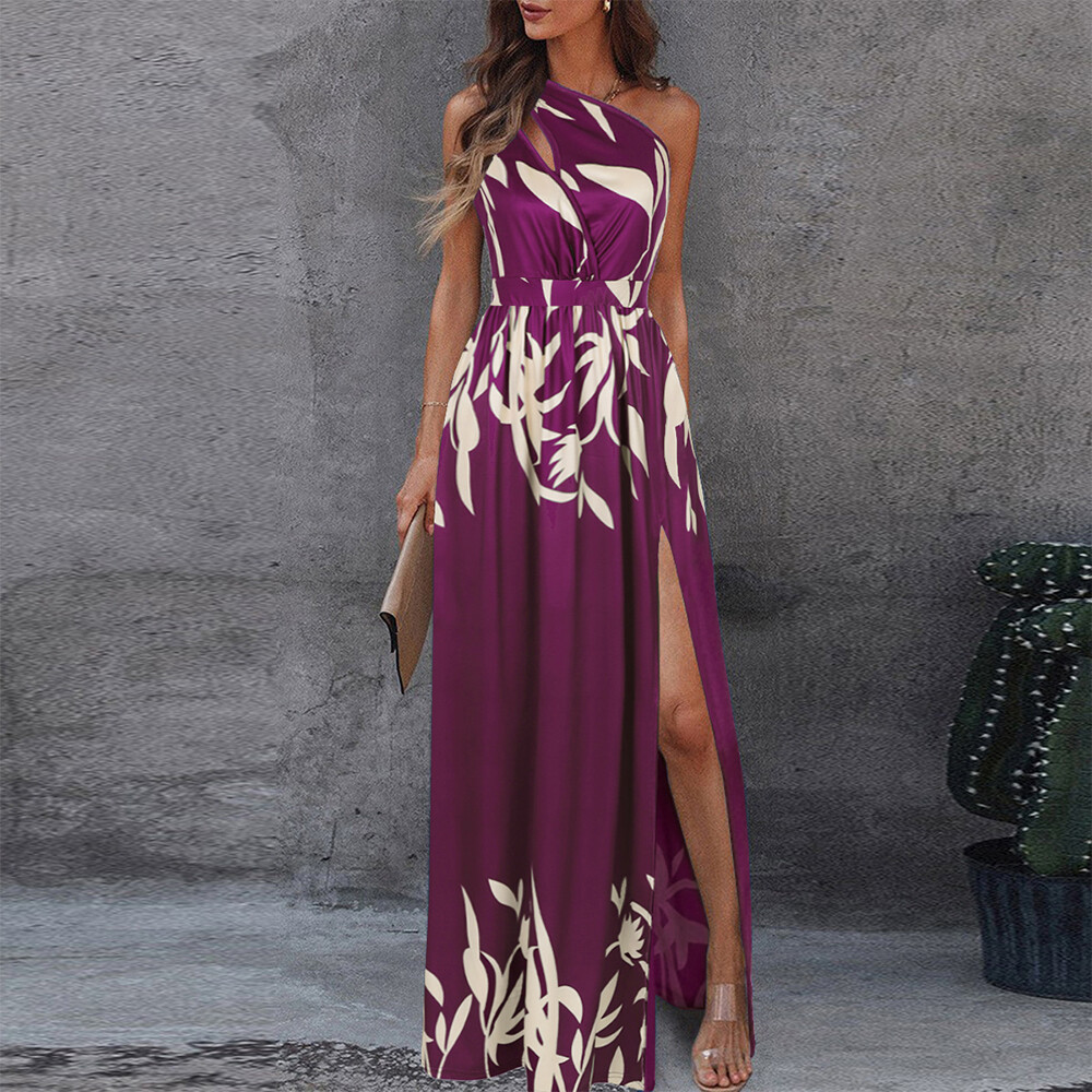 Womens Print One Shoulder High Split Maxi Dress Ladies Party Cocktail Long Dress