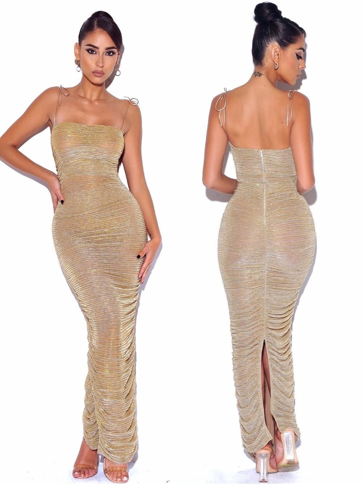 NWT Miss Circle The Glint Gold Ruched br Chiffon Long Maxi Dress