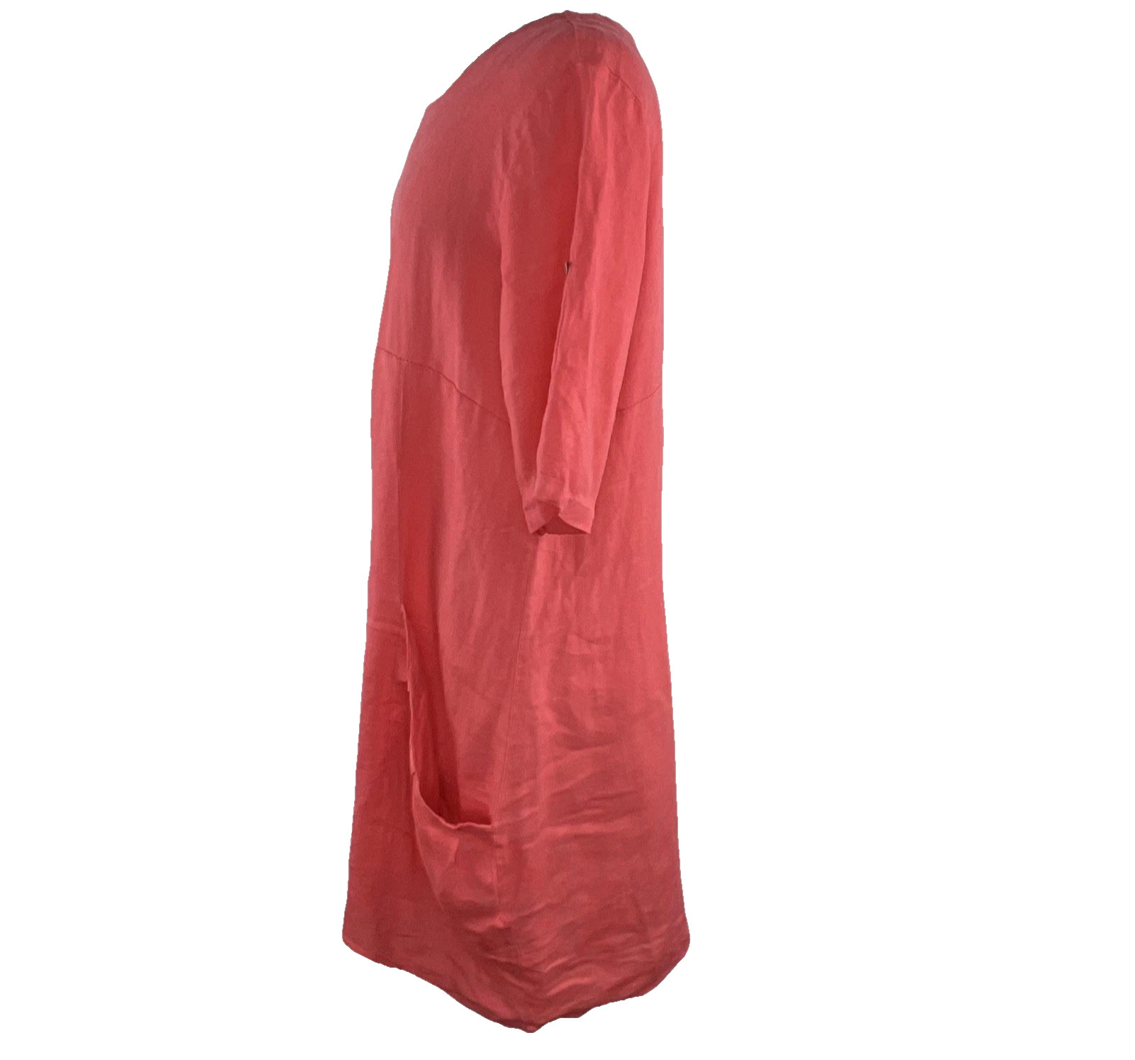 OSO Casuals L Melon Linen Short Roll Tab Sleeves Lagenlook Pockets Italy Dress