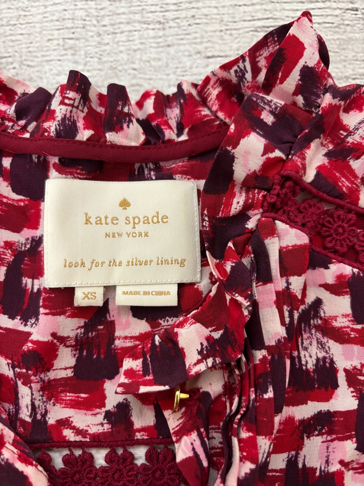 KATE SPADE Women XS Red Abstract Pintuck 100% Silk Floral Lace Long Sleeve Dress
