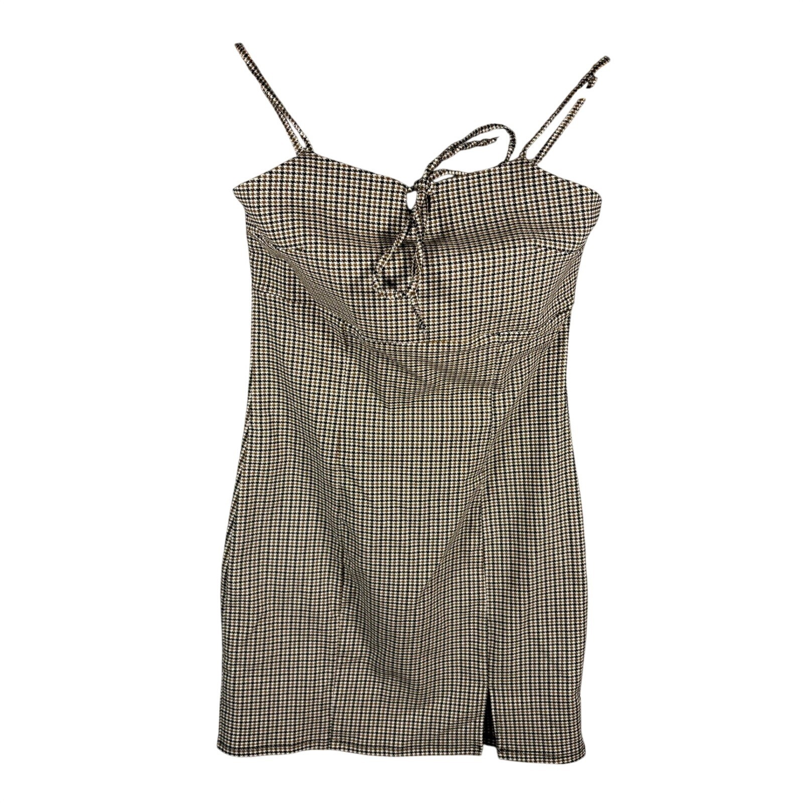 NWT Brown Black Gingham Sweetheart Neckline Tie Front Mini Dress Size L