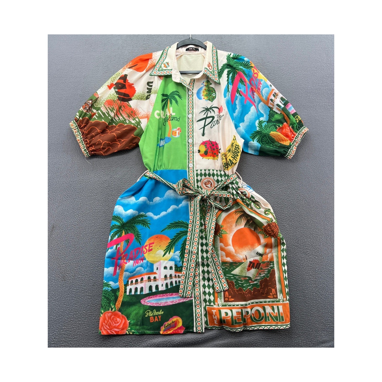 Micas Dress Womens XL Tropical Vacation Print Button Down Mini Belted Pockets