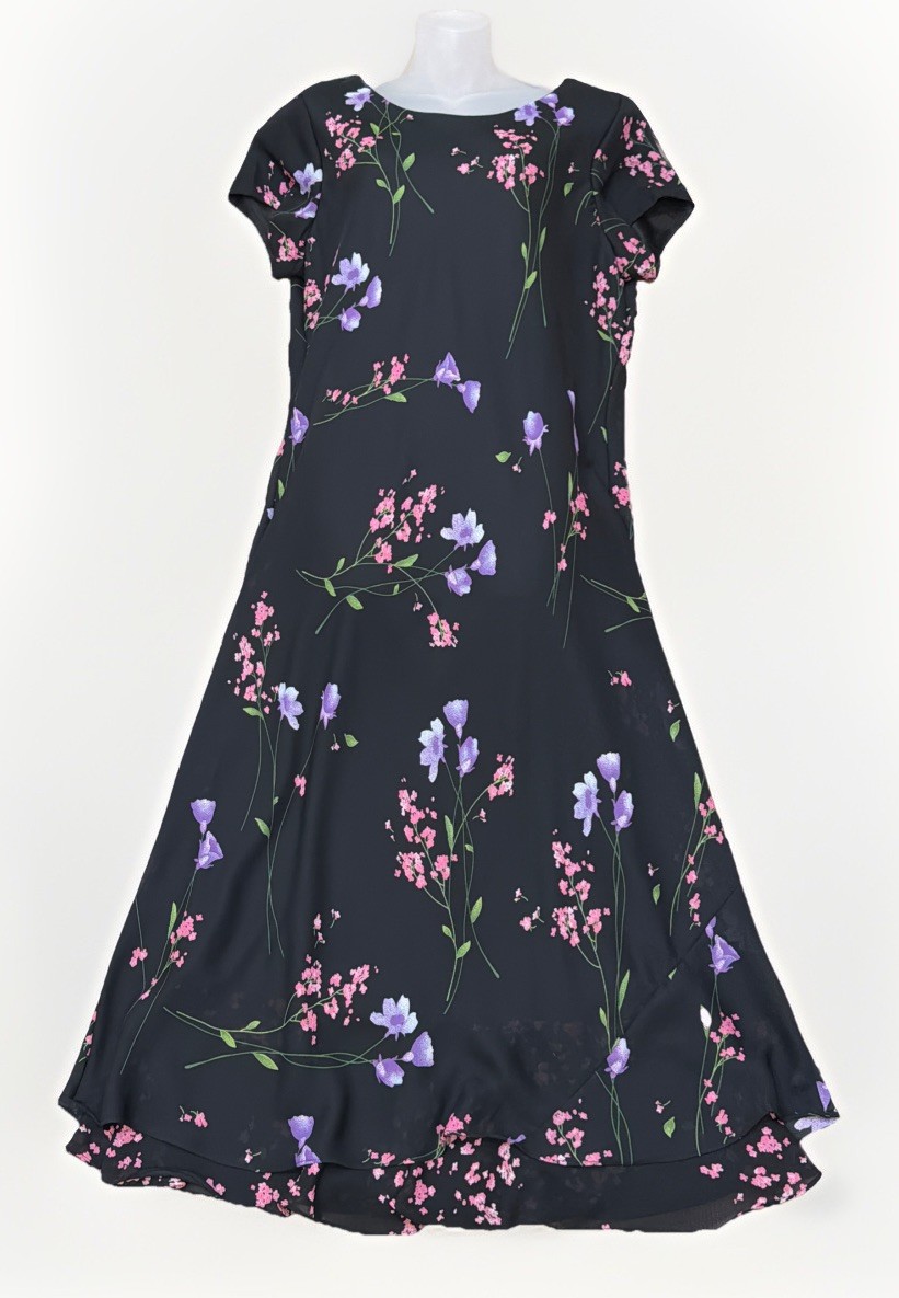 Premier International Floral Midi Dress M 10-12 Black A-Line Sheer Overlay Y2K