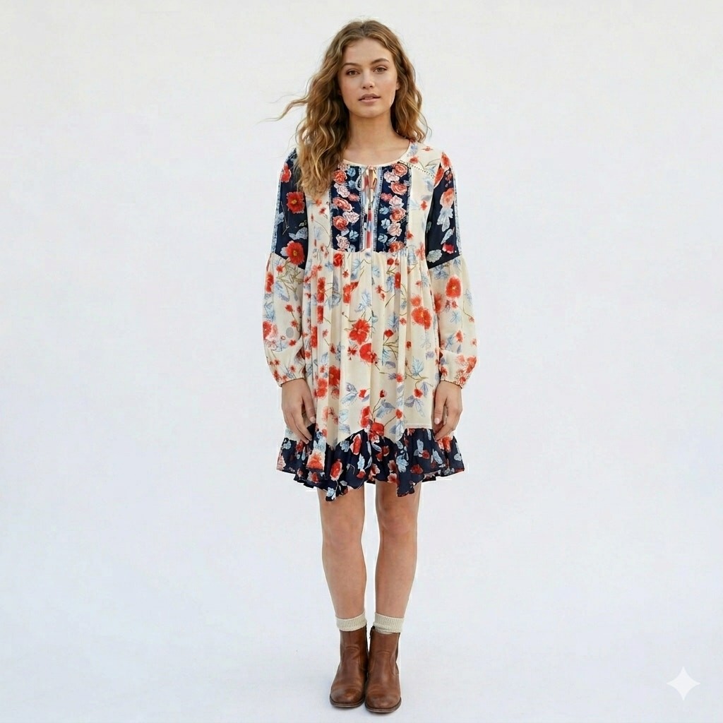 Patrons of Peace Patchwork Floral Babydoll Dress XS Americana Boho Summer 4th
