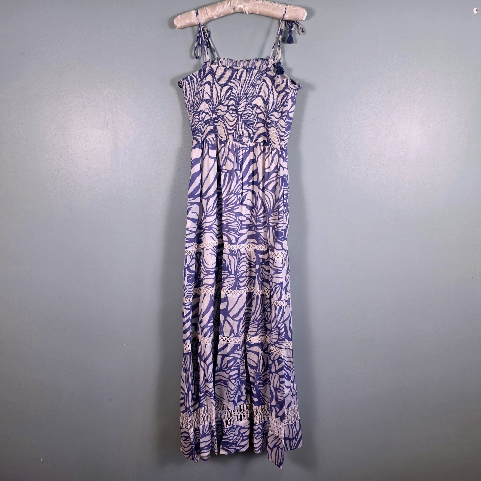 La Plage Lavender White Abstract Leaf Print Cotton Tiered Maxi Dress XS Boho