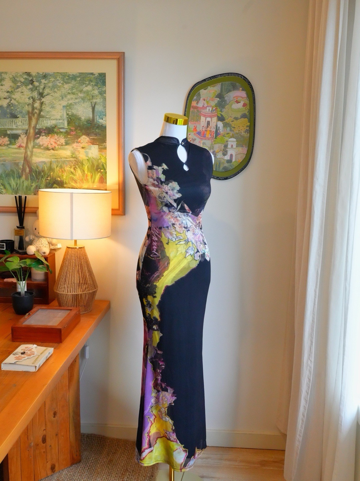 Floral Maxi Dress Women Bodycon Oriental Style High Neck Sleeveless EveningParty