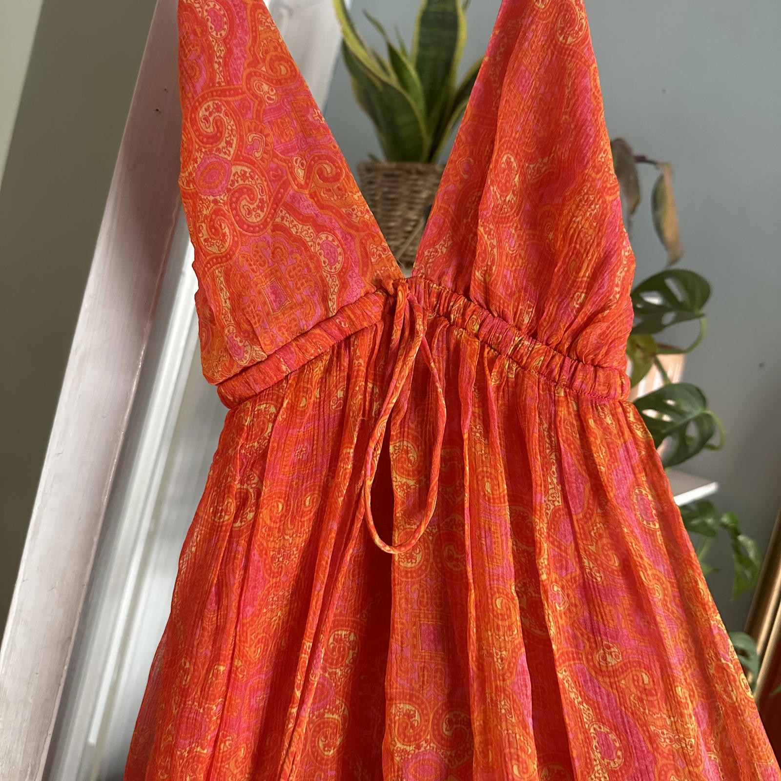 Miguelina 100% Silk Open Back Paisley Maxi Dress