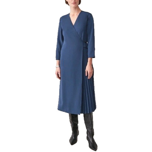 COS Wrap Dress Womens 4 Blue Knife Pleats Midi Minimalist Capsule Wardrobe