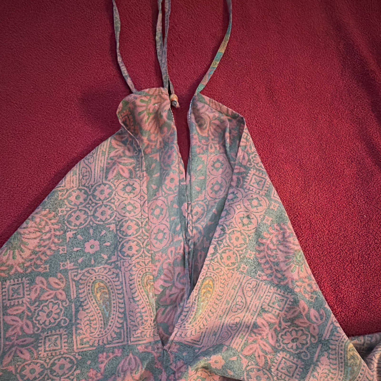 Pink Blue Green Paisley 100% Silk Halter Tie Adjustable Maxi Dress One Size