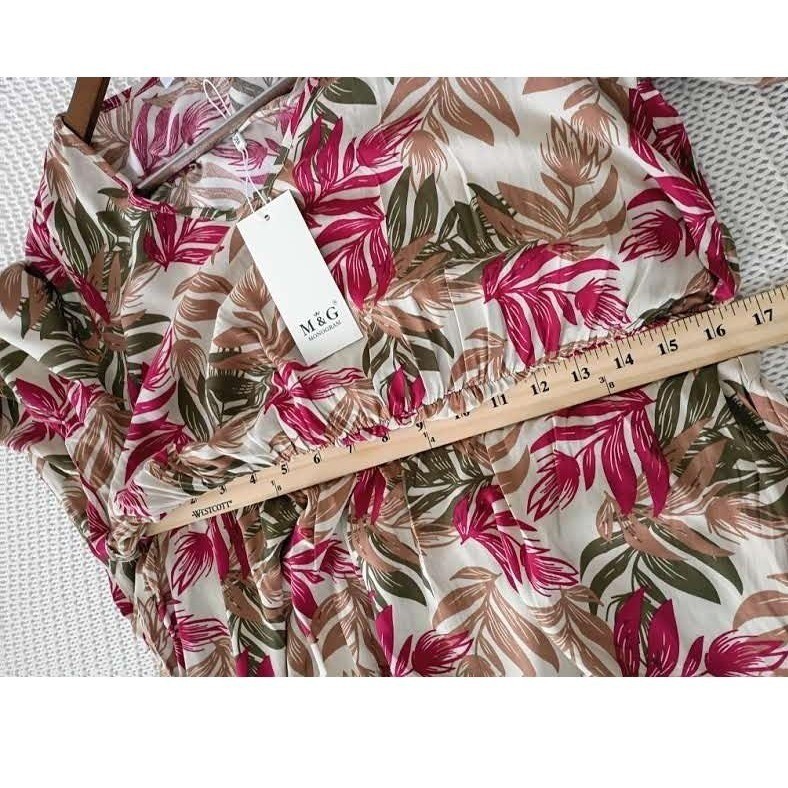 Parisian NWT Tropical Leaf Maxi Dress S 100% Cotton Pink Green Long Slv $158