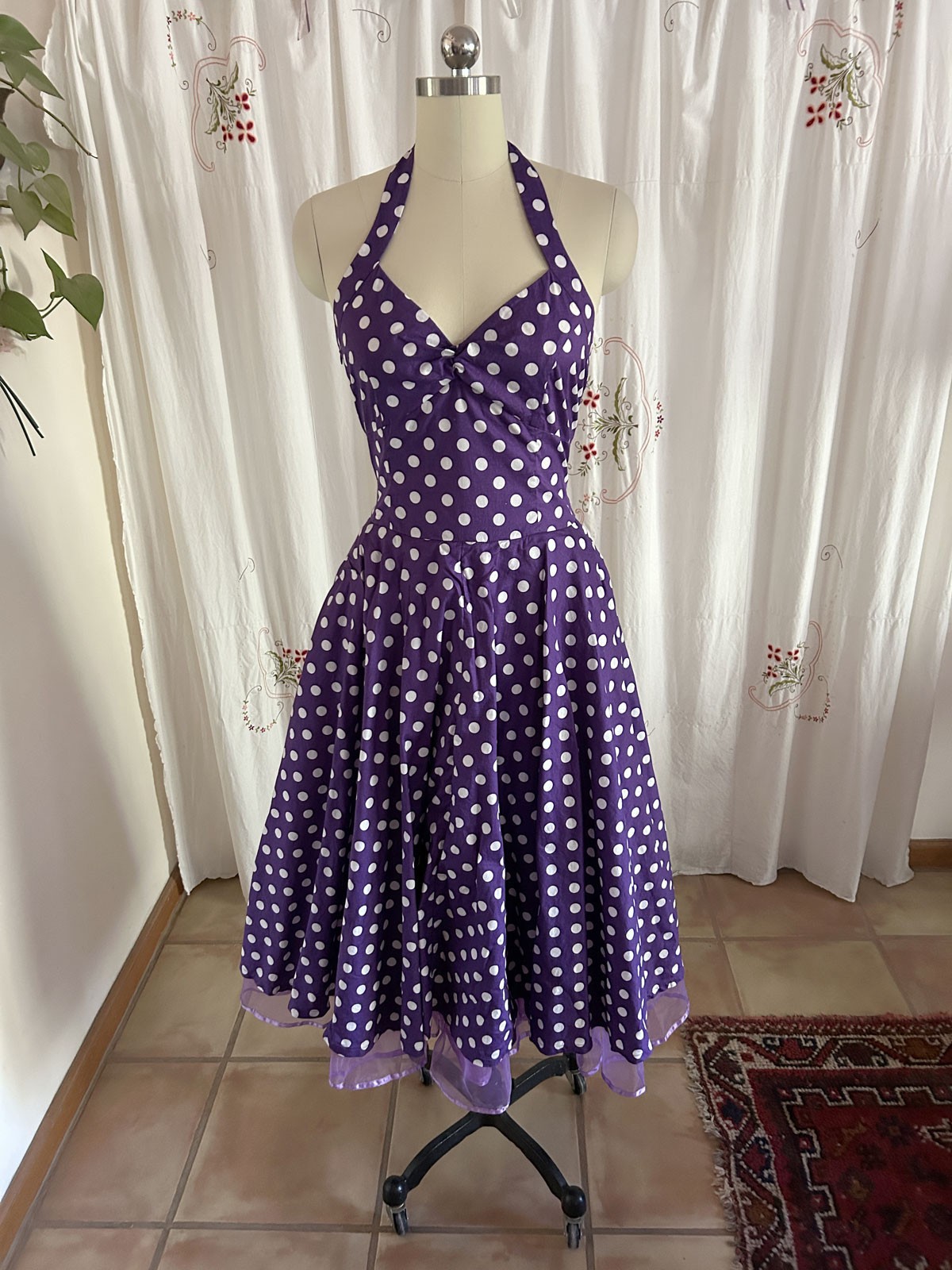 Retro 50s-Style Rockabilly Pinup Halter Dress sz 8/10 Purple Polka Dot Tea Swing