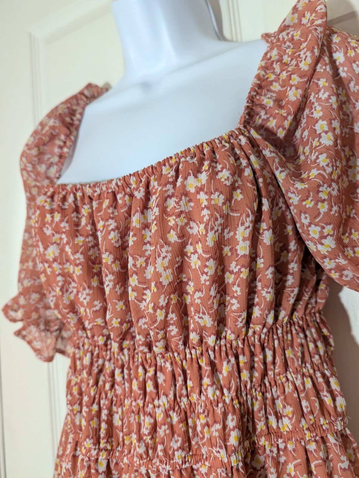 Trixxi Floral Smocked Puff Sleeve Square Neck Mini Dress Pink/Peach Size Large