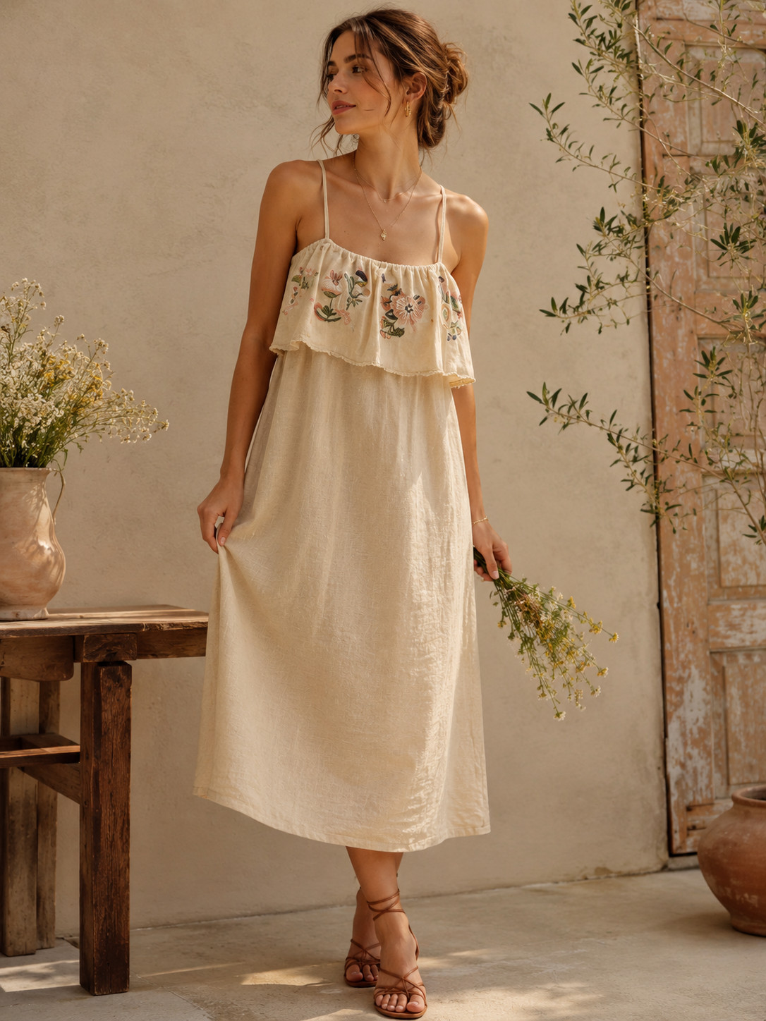 Loveriche Women’s Embroidered Linen Blend Boho Sundress Large Peasant Midi Dress