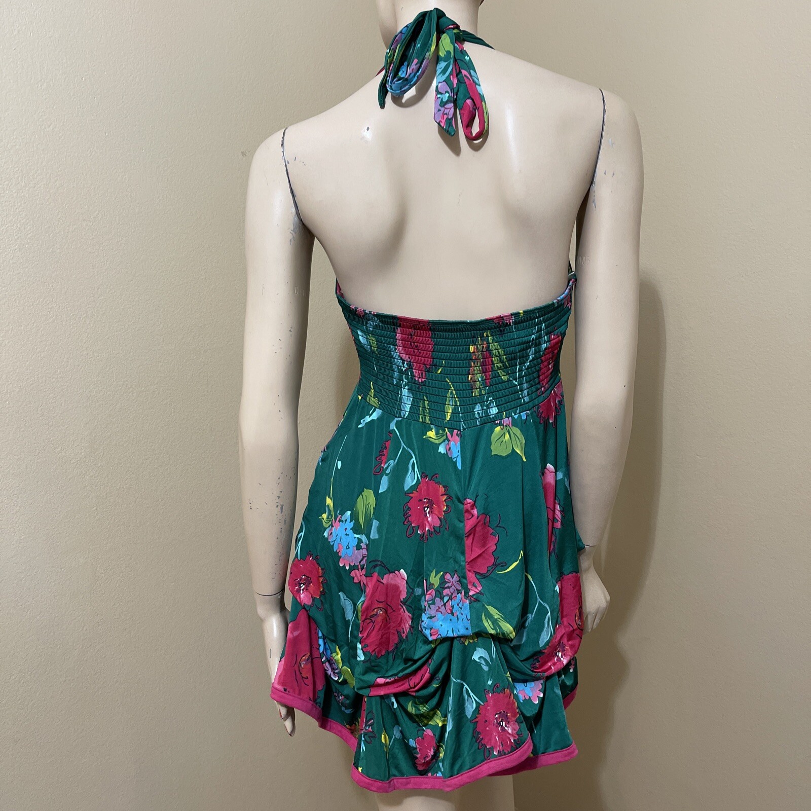 Women’s Green Floral Bright Polyester Casual Stretch Open Tie Size L Sundress