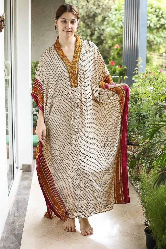 Silk Beige Kaftan / Handmade Flowy Maxi Dress / Resort Wear Outfit PS MFN1059