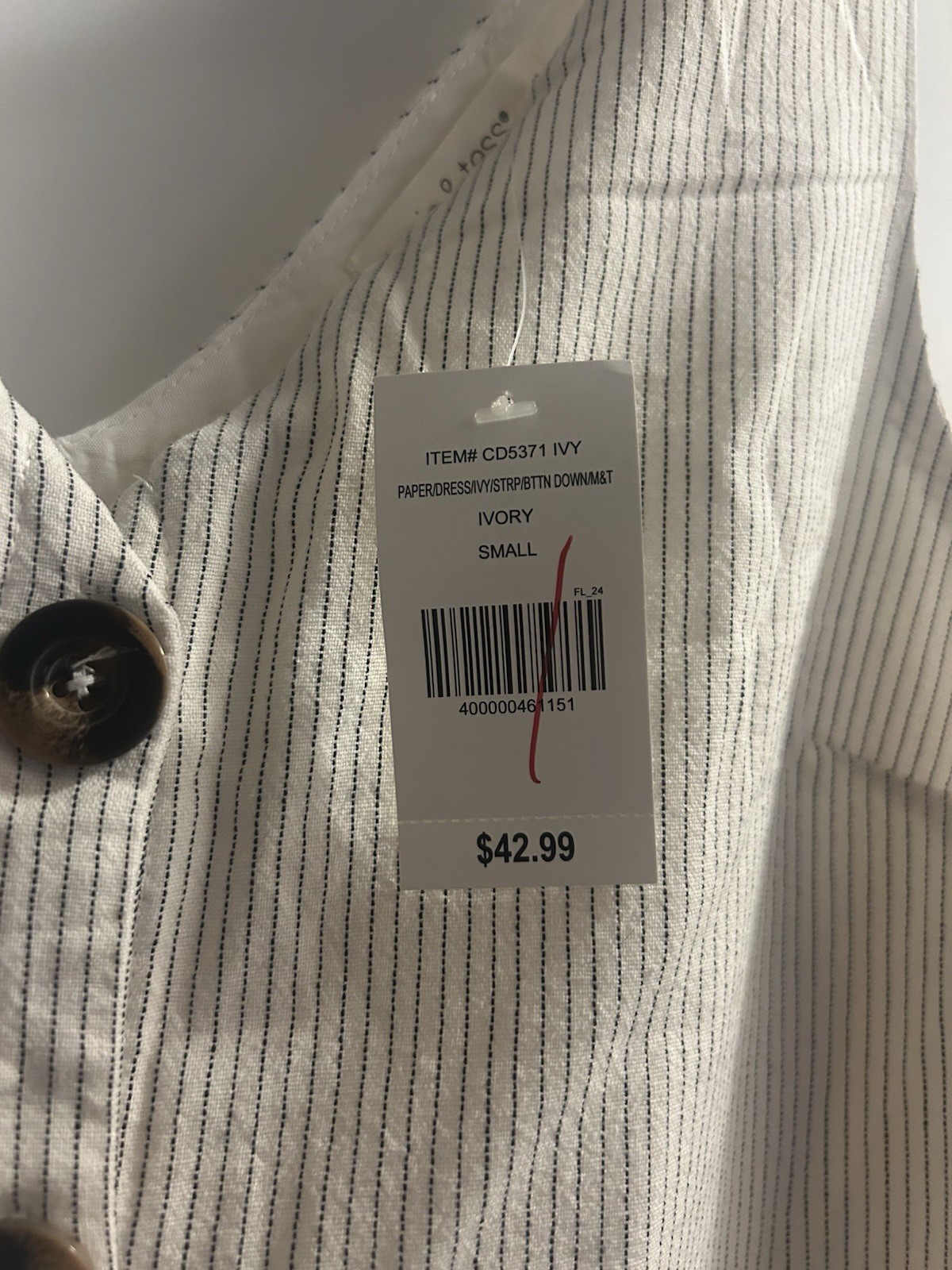 Mia & Tess Women’s Lined Mini Button Down V-neck Striped Dress Ivory Size S NWT