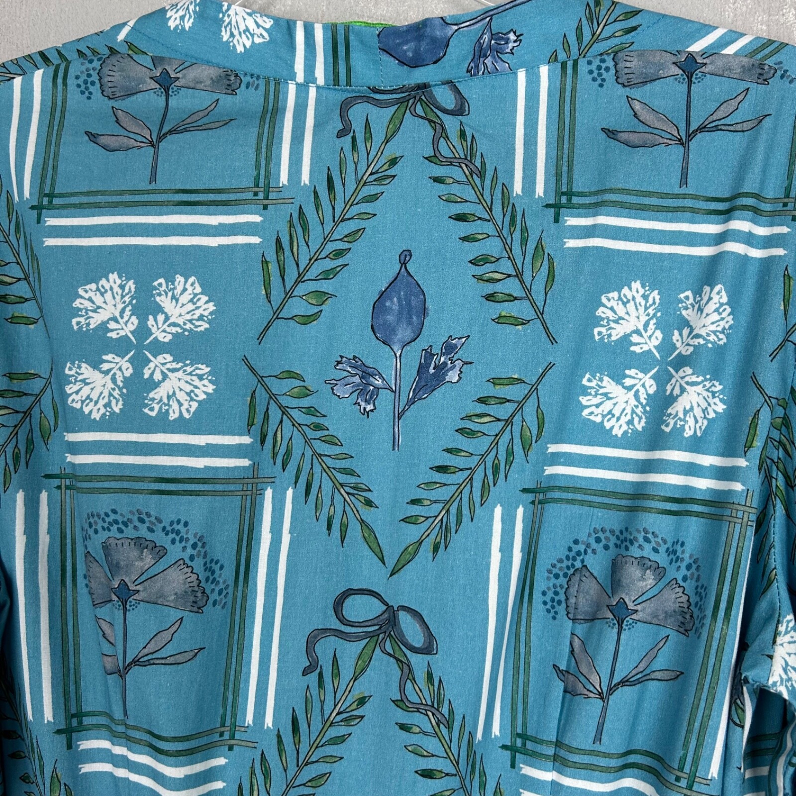 Brooke Wright size L Kitty midi wrap dress blue botanical floral linen cotton