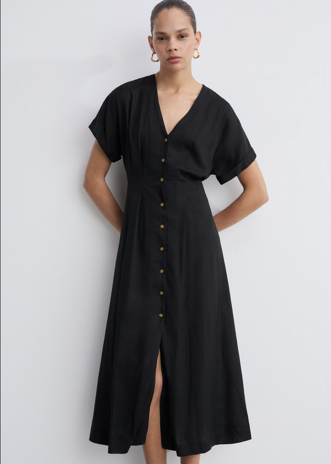 NWT MANGO MNG $90 BLACK LINEN BLEND BUTTON FRONT A-LINE DRESS SZ M US 6