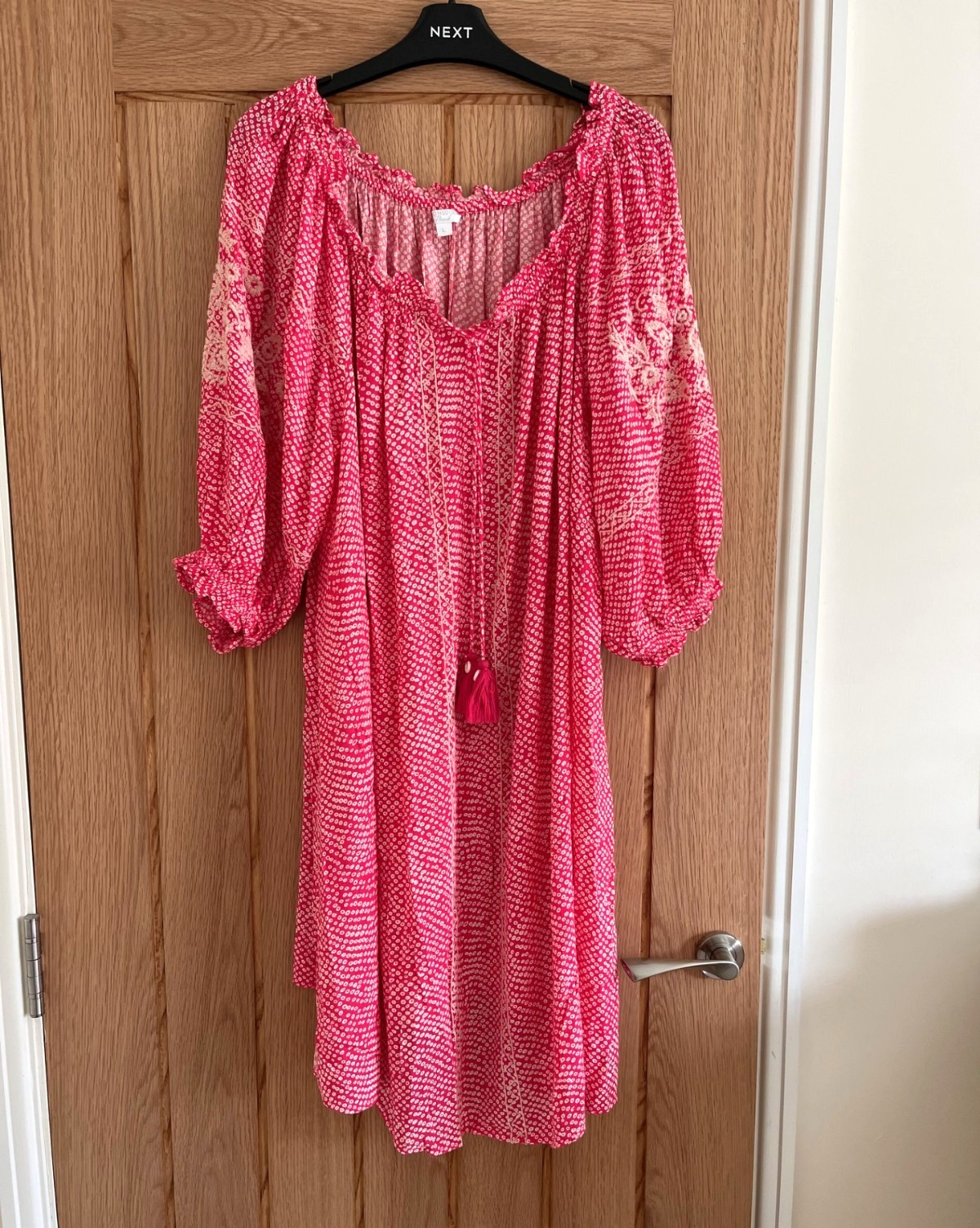 Monsoon Raspberry Red/Pink & White On-Off Shoulder Beach Dress, Size L, 18-20