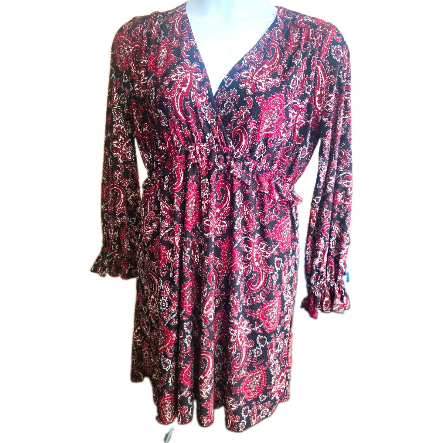 NWT Michael Michael Kors Black Maroon Paisley Faux Wrap Ruffle Sleeves Dress L