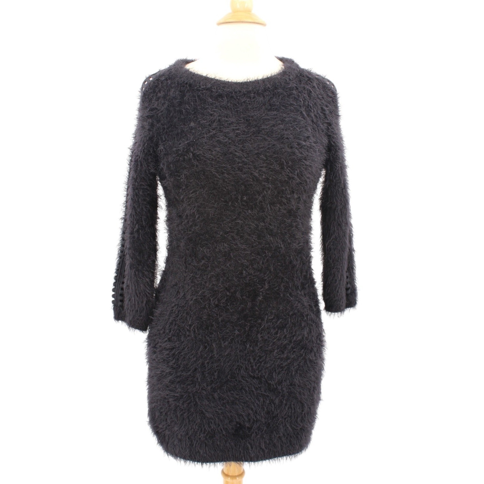 KNITZ For Love & Lemons Mini Dress size M Black Shaggy Fuzzy Eyelash Cutout