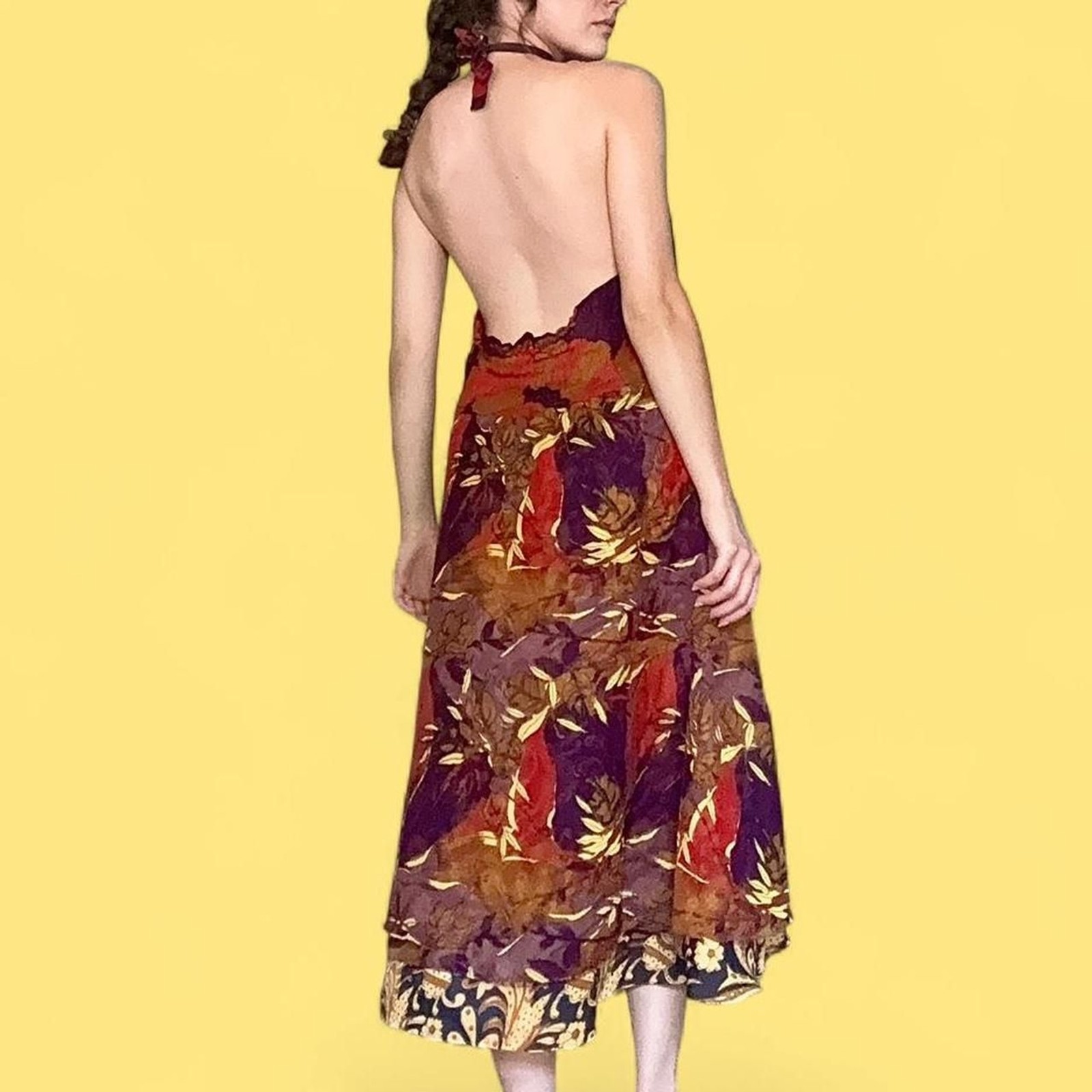 Boho patchwork halter dress with layered ruffle skirt 🌻