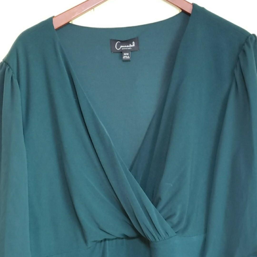 Connected Apparel Dress Womens 22W Green Chiffon Flutter Sleeve V Neck Wrap Knee