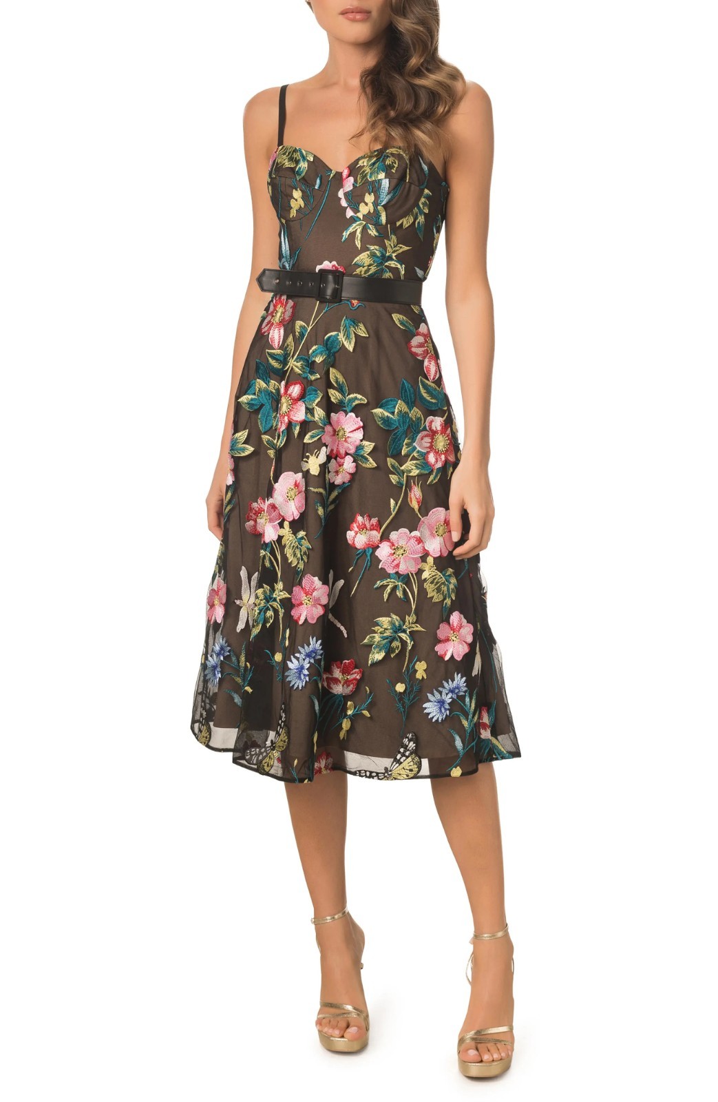 Dress the Population Carlita Womens Floral Fit & Flare Bustier Midi Dress Size L