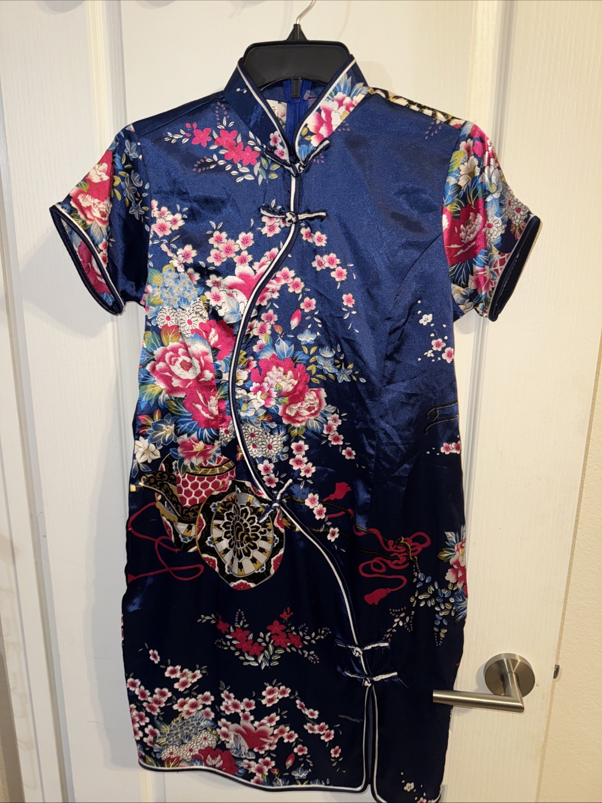 Blue Chinese Dress Pink Flowers Size XL U8.5